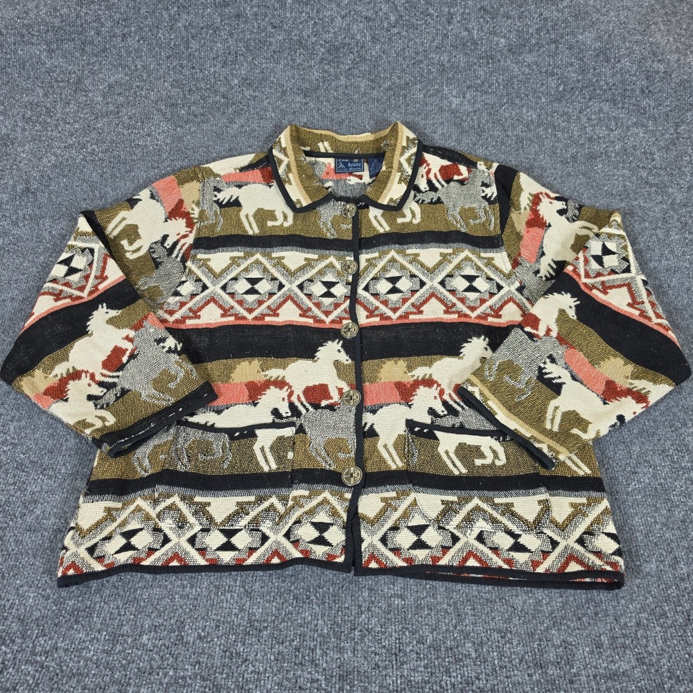 Jane Ashley Vintage 90s Horse Tapestry Jacket Women 1X Cotton Southwestern Boho